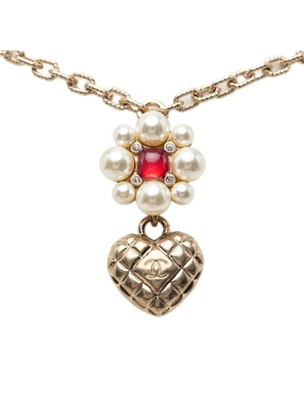 Chanel CC Logo Heart Flower Pendant Gold Plated Faux Pearl Stone